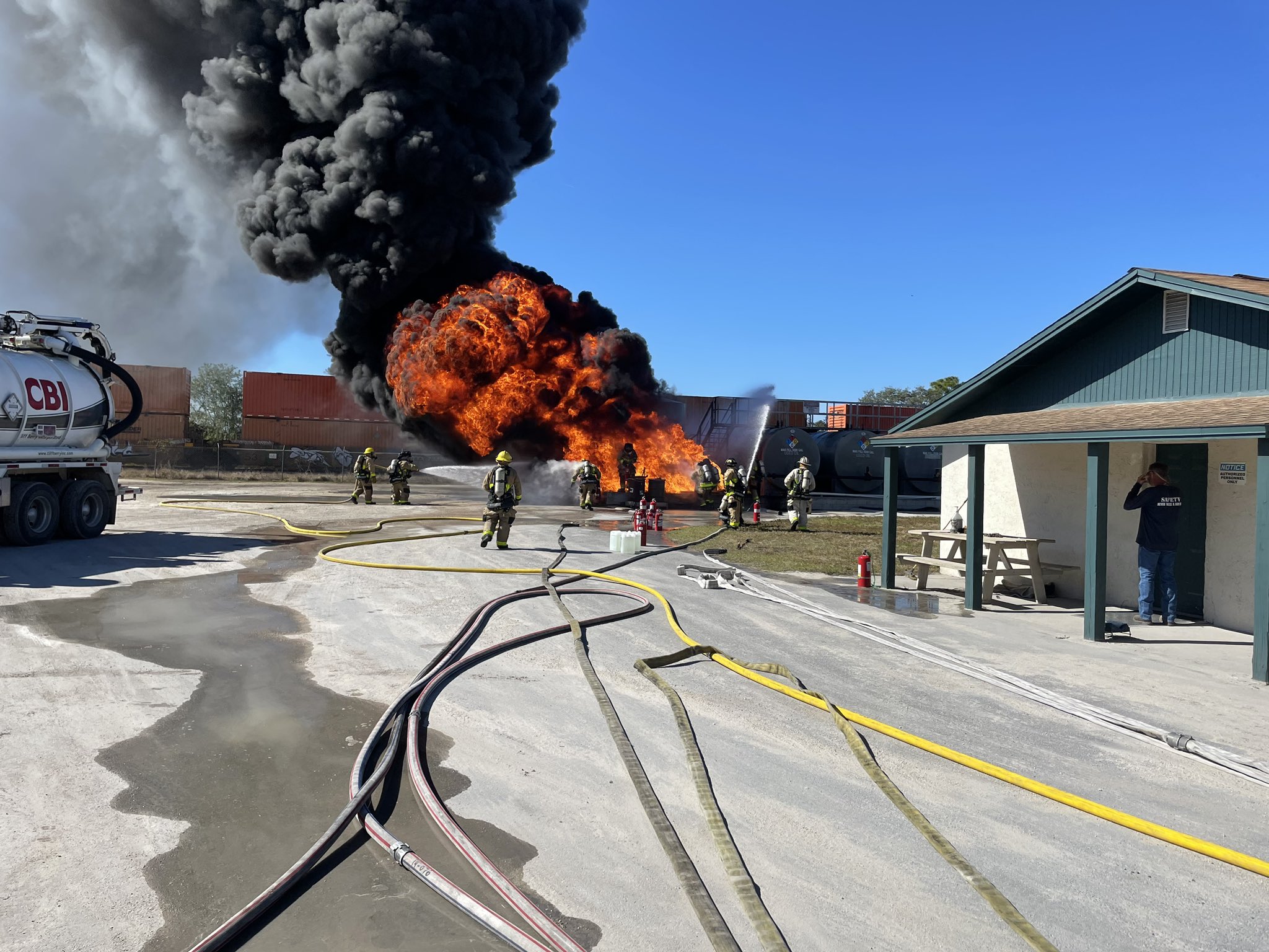 Brevard, Titusville Fire Rescue Extinguish Waste Storage Tank Fire on Industrial Drive in North Cocoa