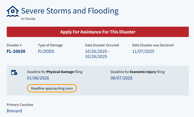 Deadline Looms for Florida Residents to Apply for SBA Disaster Loans